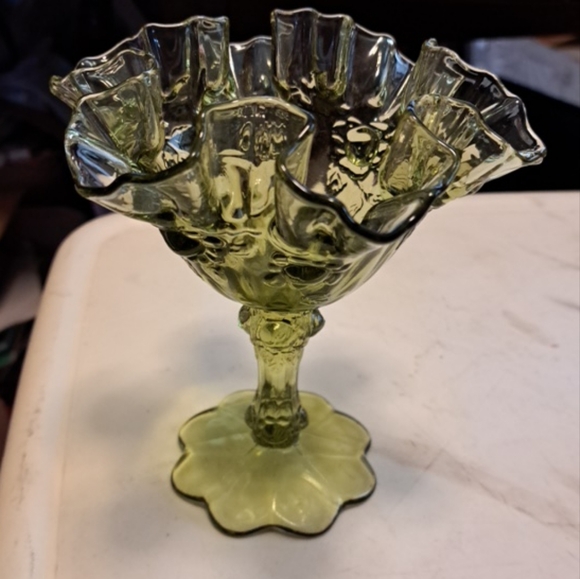 Fenton vintage green glass ruffled cabbage rose candy dish 6.25" tall - Picture 2 of 5